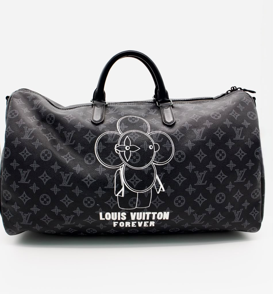 Louis Vuitton Limited Edition Black Monogram Coated Canvas Eclipse Vivienne Keepall Bandouliere 50 Blue Hardware - Pre-Owned